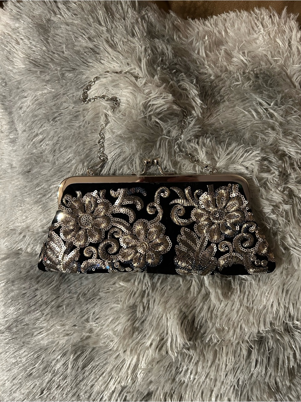 SHEIN Black Clutch with Gold Sequin Floral Embroidery